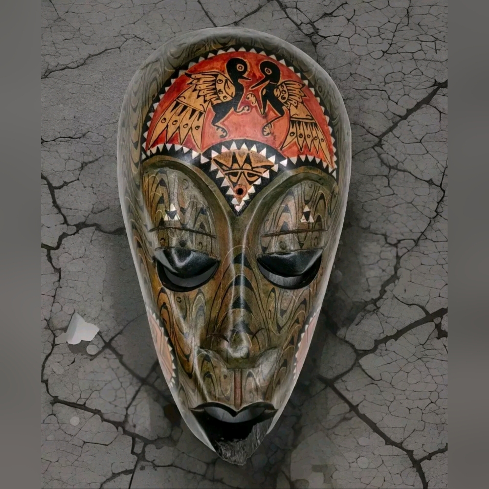 Tribal Mask African Wood Carved Mother of Pearl Inlay Painted Wall Decor Vintage